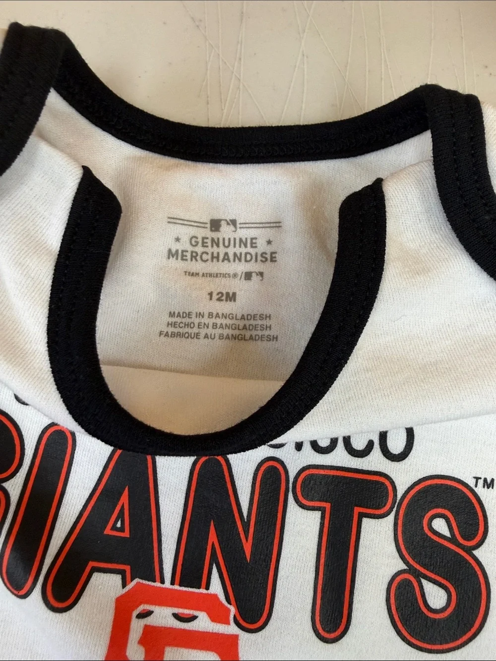San Francisco Giants Baby One-Piece Bodysuit - White with Black Trim 12 months